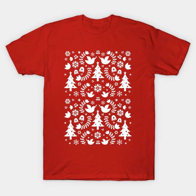 Scandinavian Vintage Christmas Doves Trees Pattern - White T-Shirt by PUFFYP